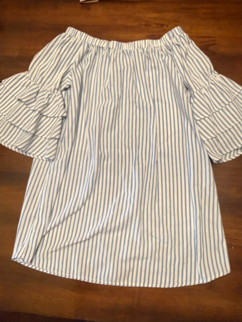 Auditions Off-Shoulder Blue and White Striped Ruffle Sleeve Tunic